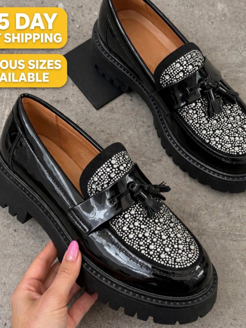 Black Patent Rhinestone Tassel Loafers Women's NWT